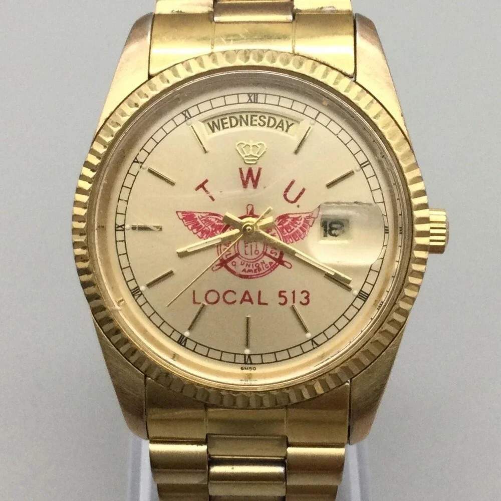 Jules Jurgensen TWU Local 513 Mens Watch 34mm Gold Tone Day Date New Battery